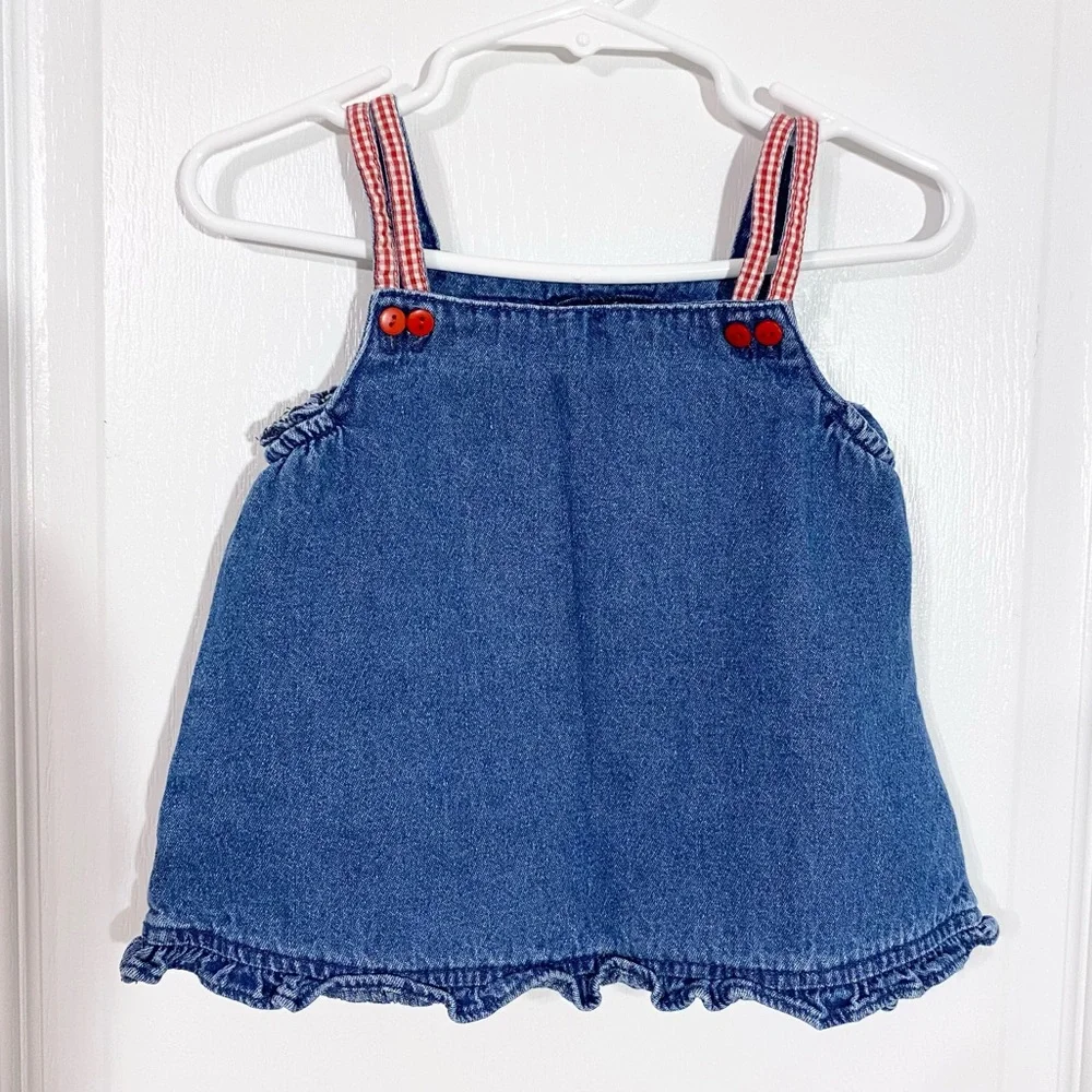 VTG Little Lindsey Floral Embroidered Red Gingham Ruffle Denim Jumper Dress 24M